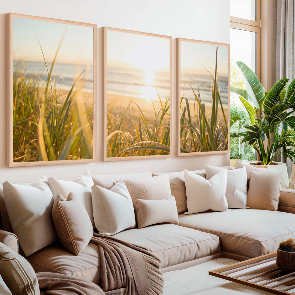 Modern Beach Wall Art – Sunlit Dune Grass Triptych (3 Prints)