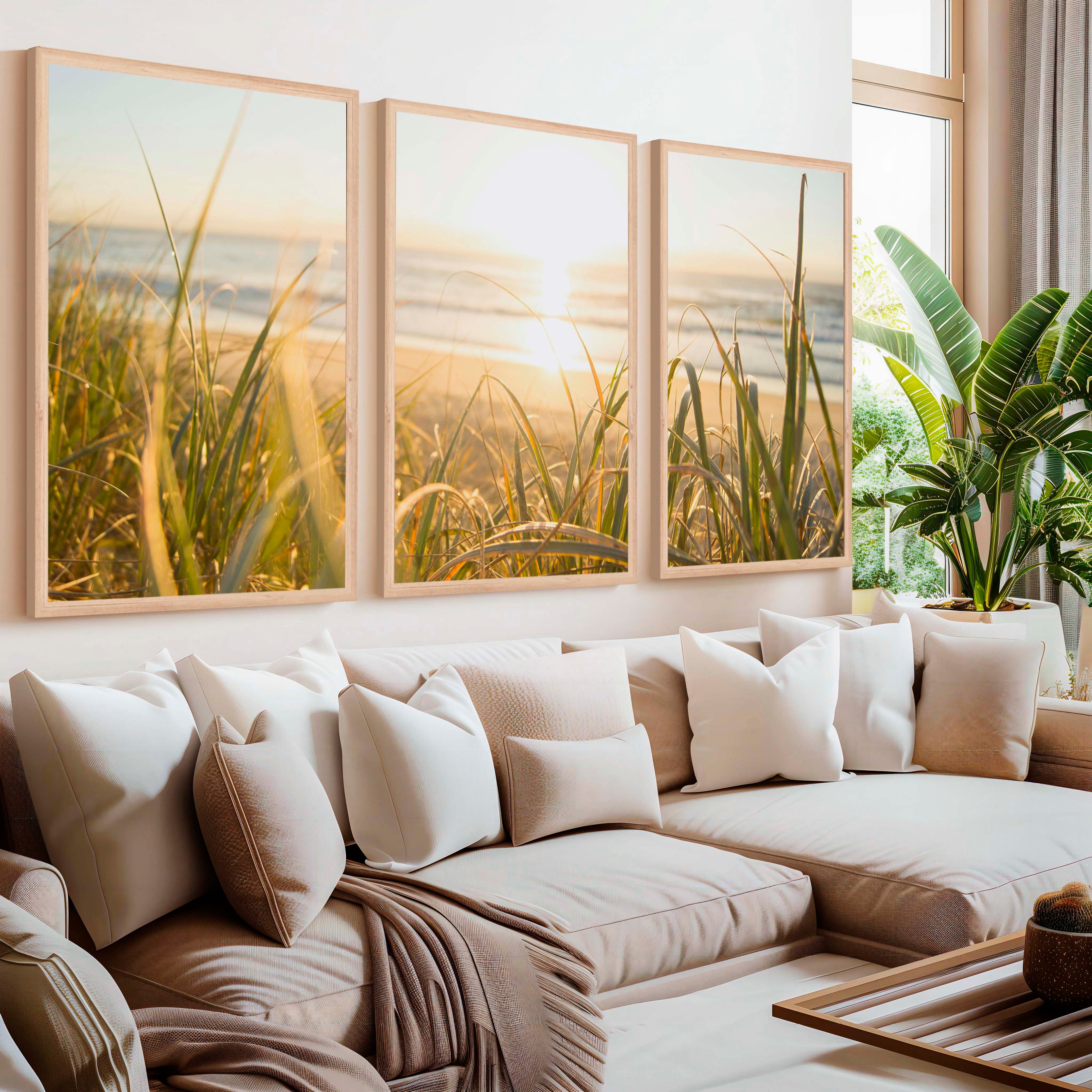 Modern Beach Wall Art – Sunlit Dune Grass Triptych (3 Prints)