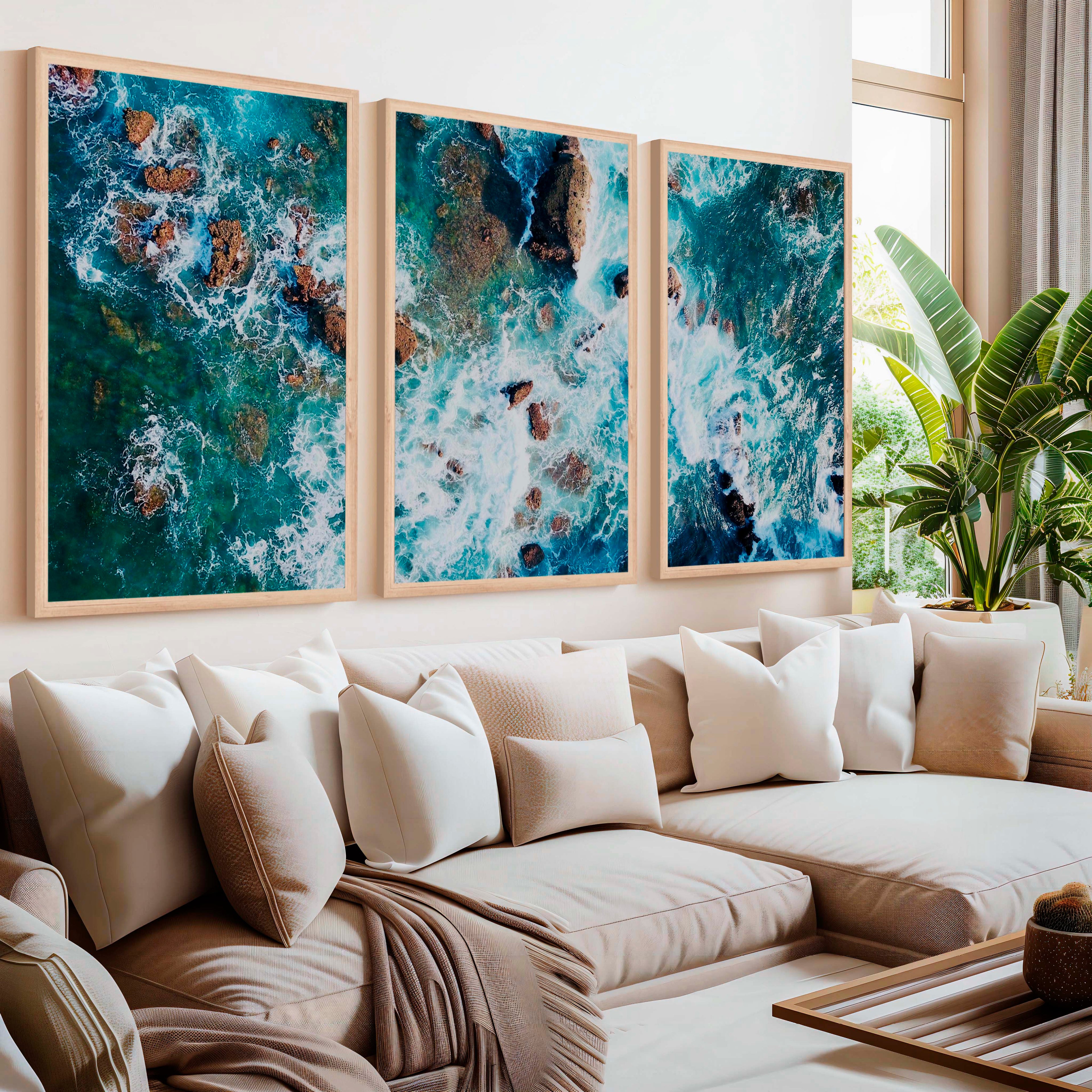 Modern Coastal Artwork – Abstract Ocean Rocks Triptych (3 Prints)