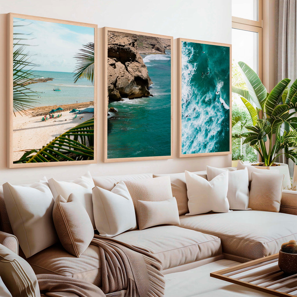 Modern Coastal Wall Decor – Palms, Beach & Rocky Shore (Set of 3)