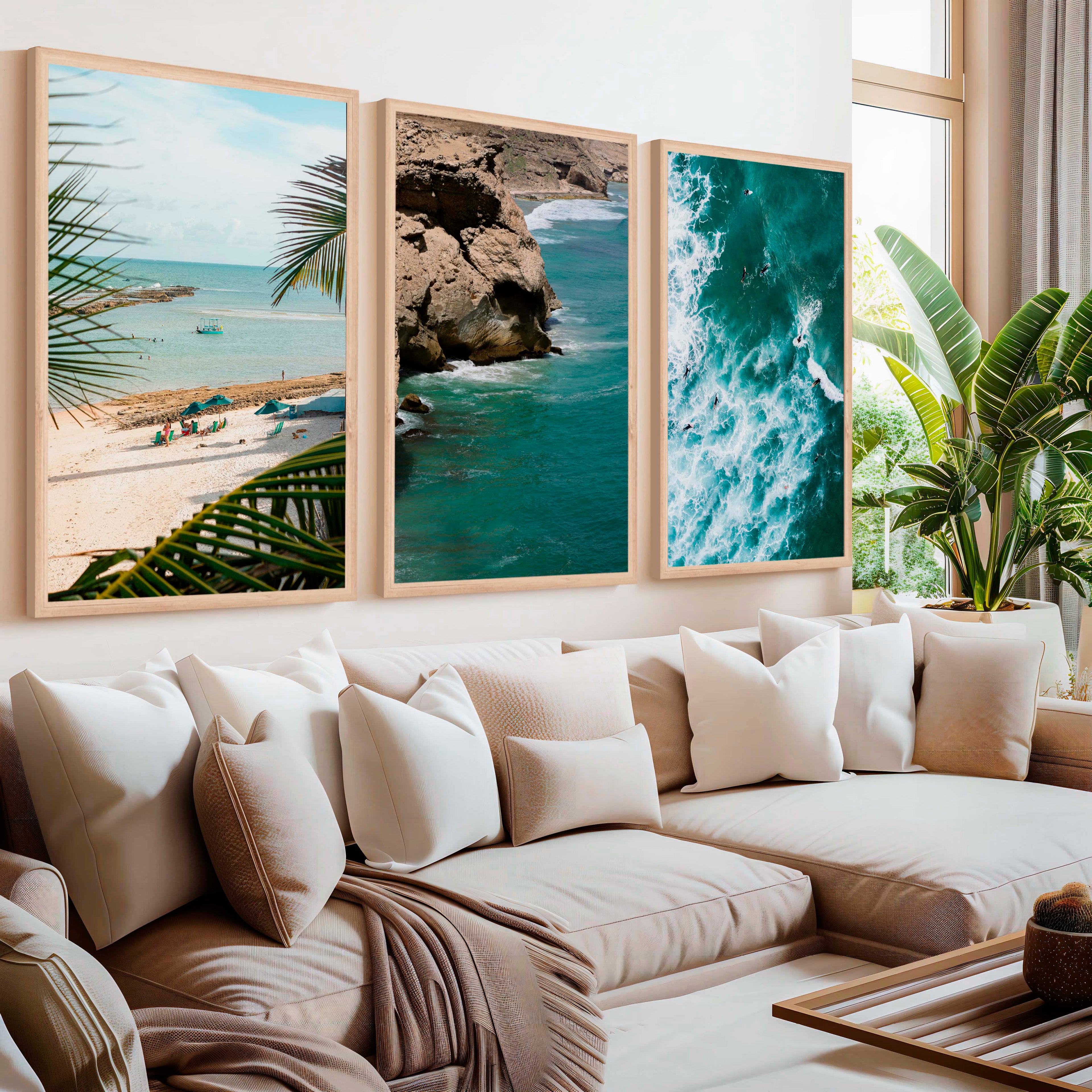Modern Coastal Wall Decor – Palms, Beach & Rocky Shore (Set of 3)