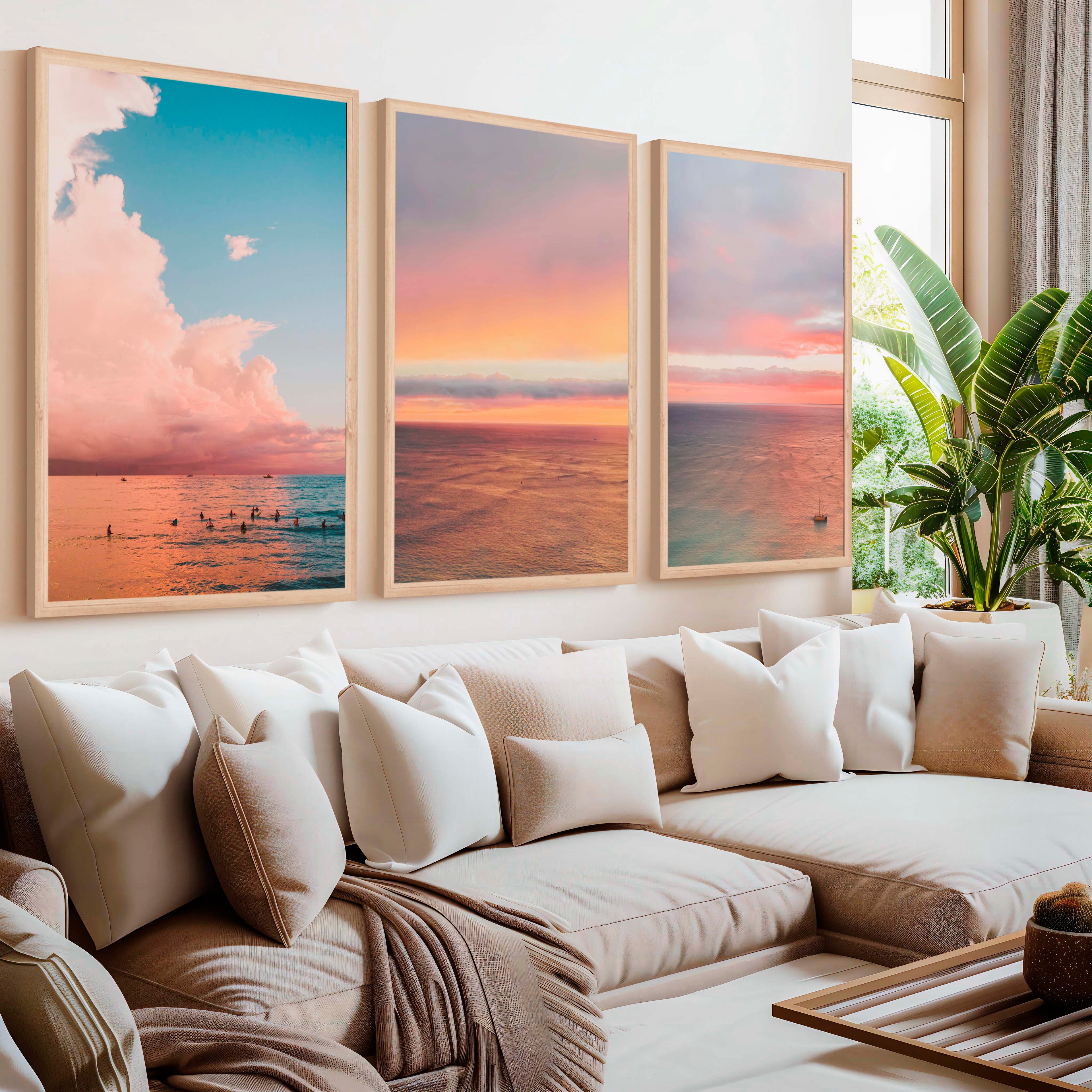 Nautical Art Decor – Sailboat, Pink Sunset & Ocean Calm (Set of 3)