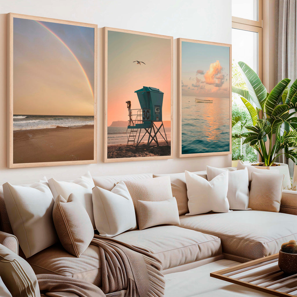 Nautical Artwork for Wall – Boat, Lifeguard Tower & Rainbow Beach (Set of 3)