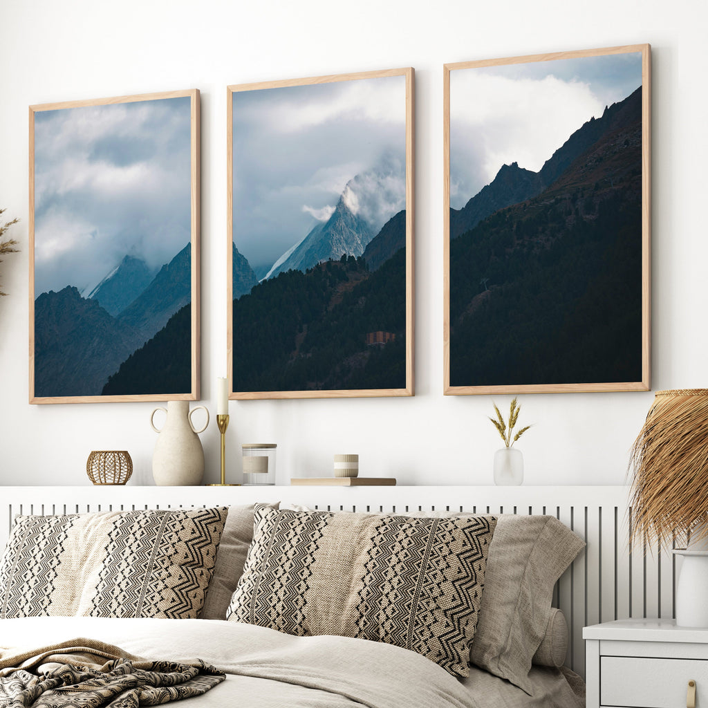 Navy Blue Mountain Forest Triptych – Landscape Painting Mountain Wall Art