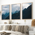 Navy Blue Mountain Forest Triptych – Landscape Painting Mountain Wall Art