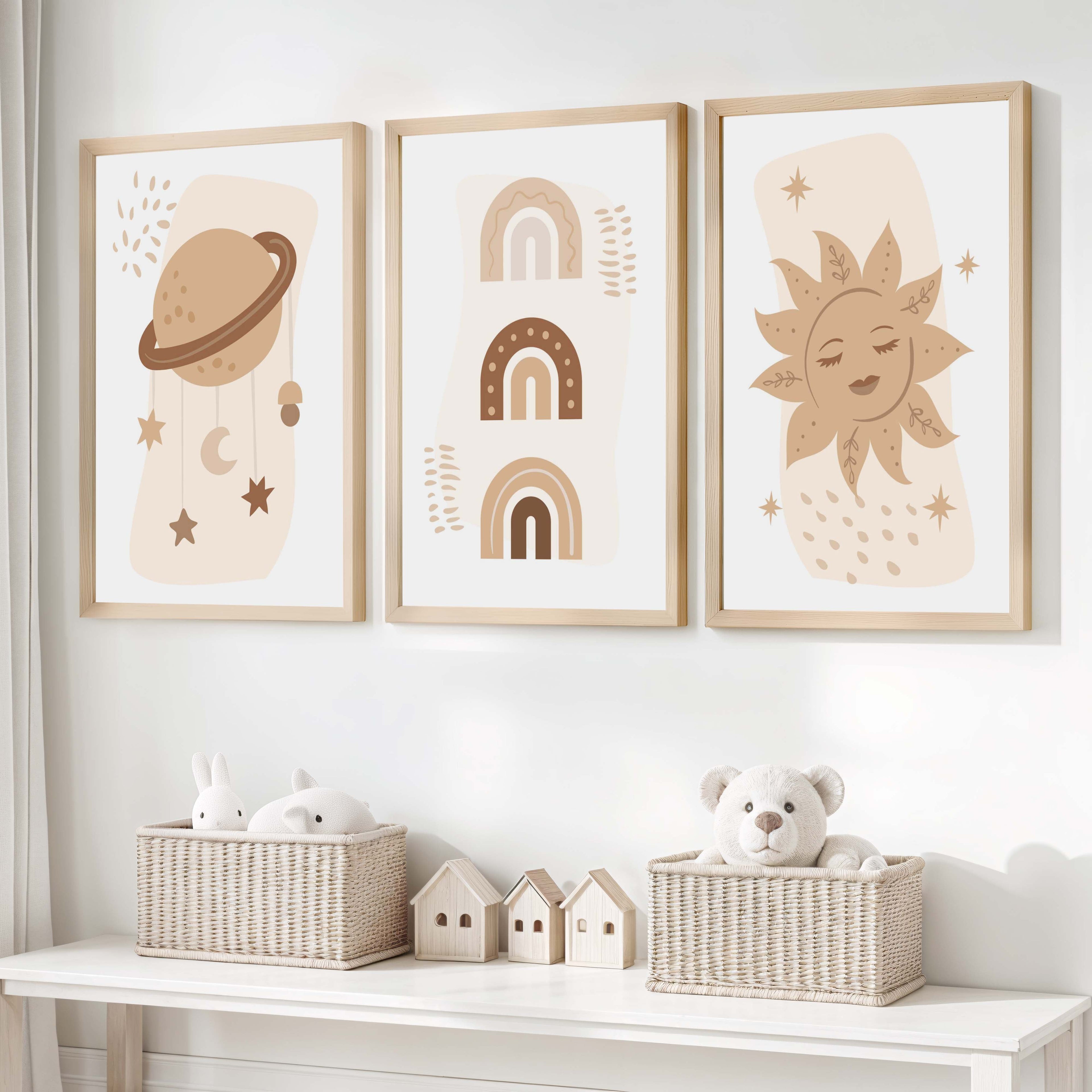 Neutral Nursery Wall Art – Celestial & Rainbow Print Set (3 Pieces)
