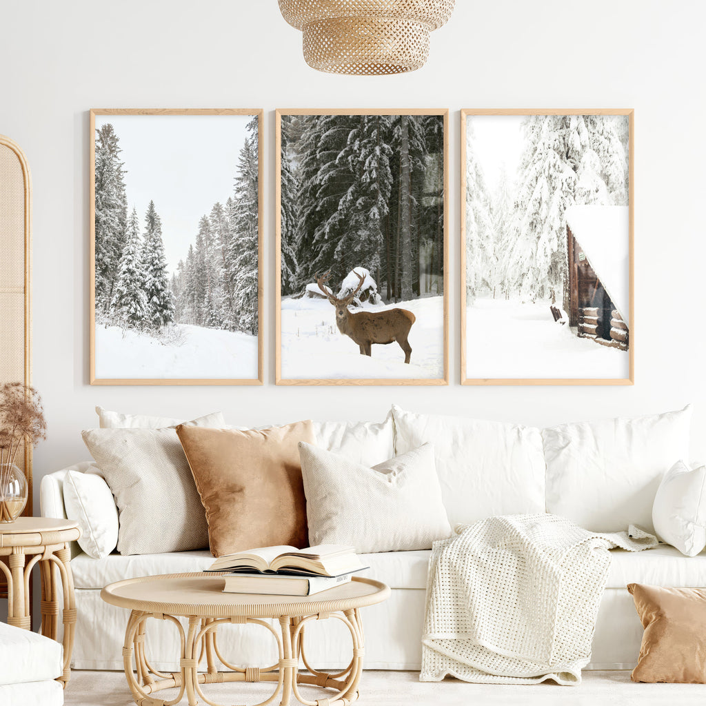 Nordic Winter 3 Piece Photo Set. Pine Forest, Moose, Log Cabin