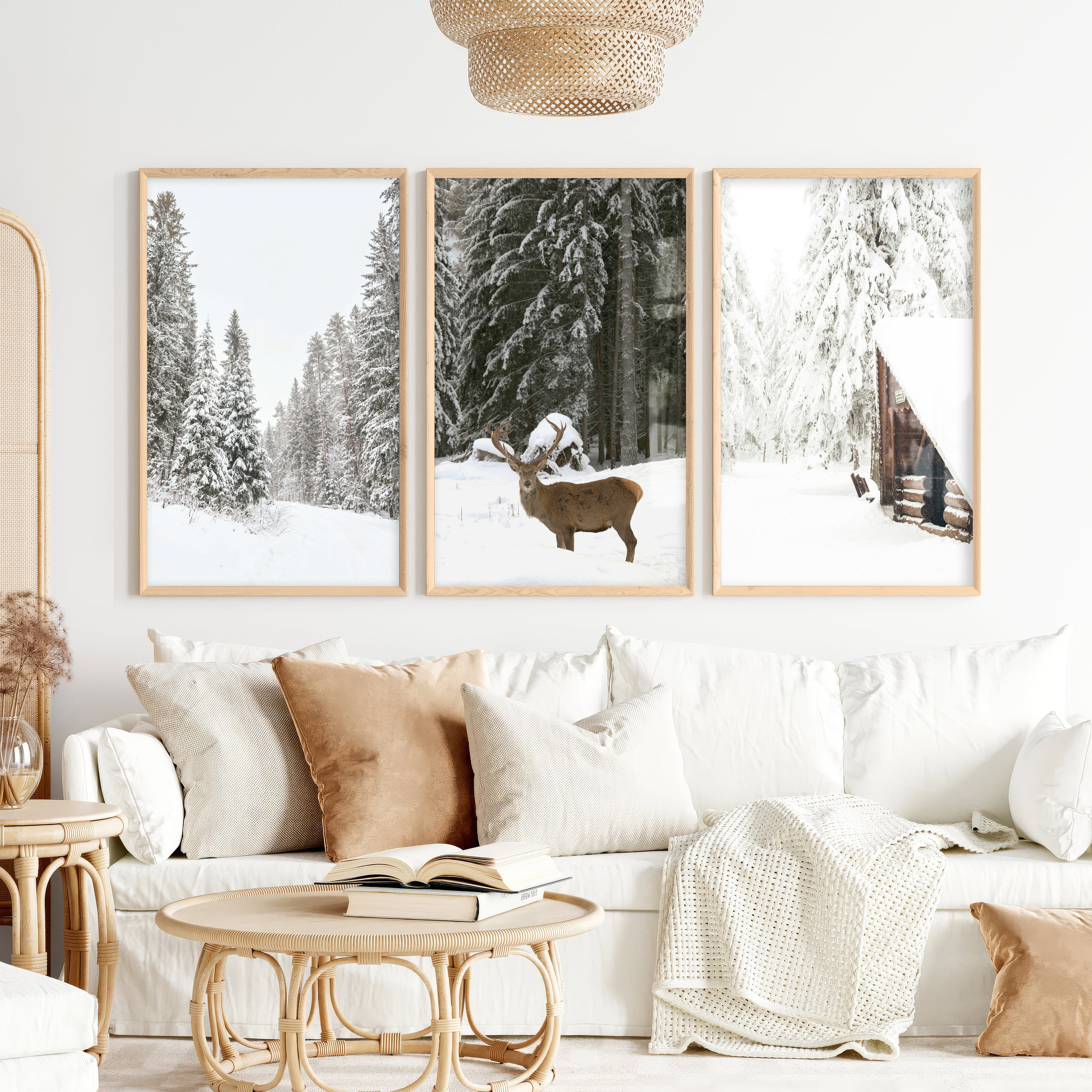 Nordic Winter 3 Piece Photo Set. Pine Forest, Moose, Log Cabin