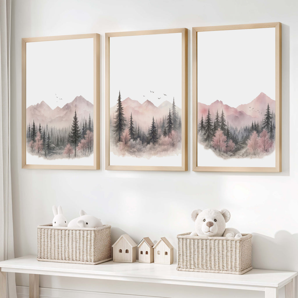Pink Mountain Forest Nursery Wall Art – 3 Piece Set