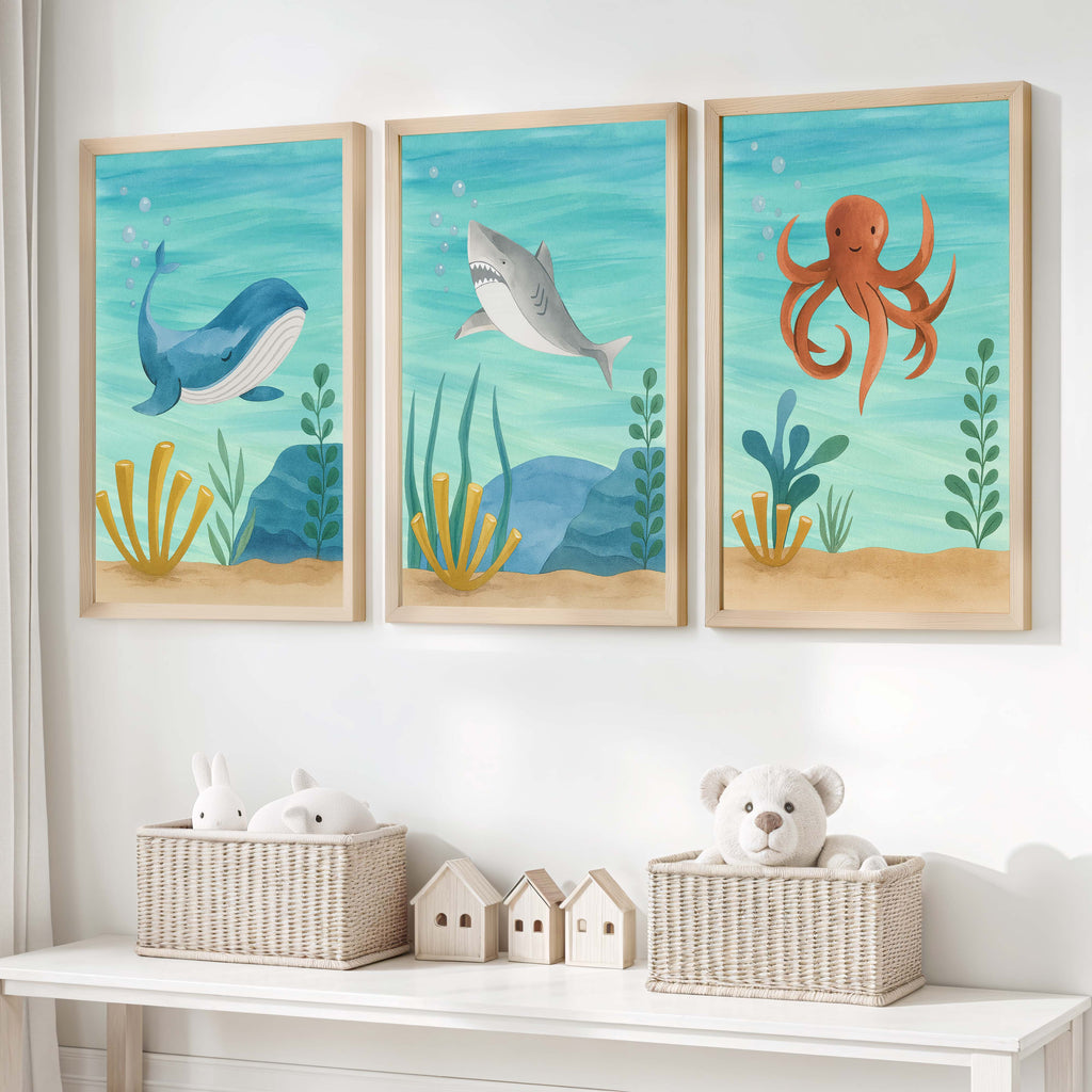 Ocean Nursery Wall Art – Whale, Shark & Octopus (Set of 3)