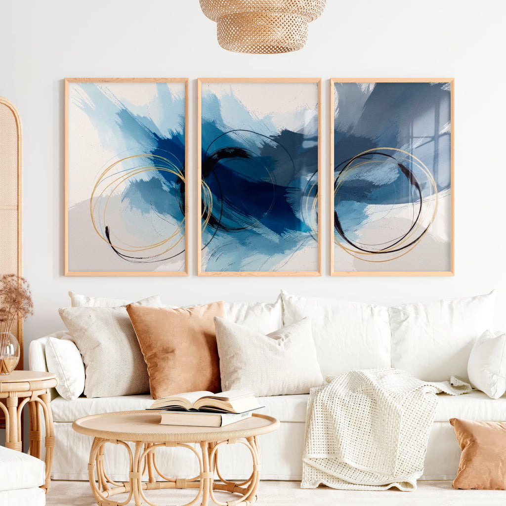 Paintings Abstract for Sale - Blue & Gold Modern Wall Art Set of 3