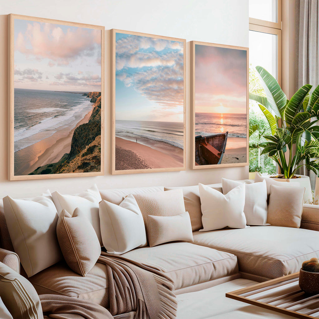 Picture Frame Gallery Wall Set – Boat, Coastline & Sandy Beach (Set of 3)