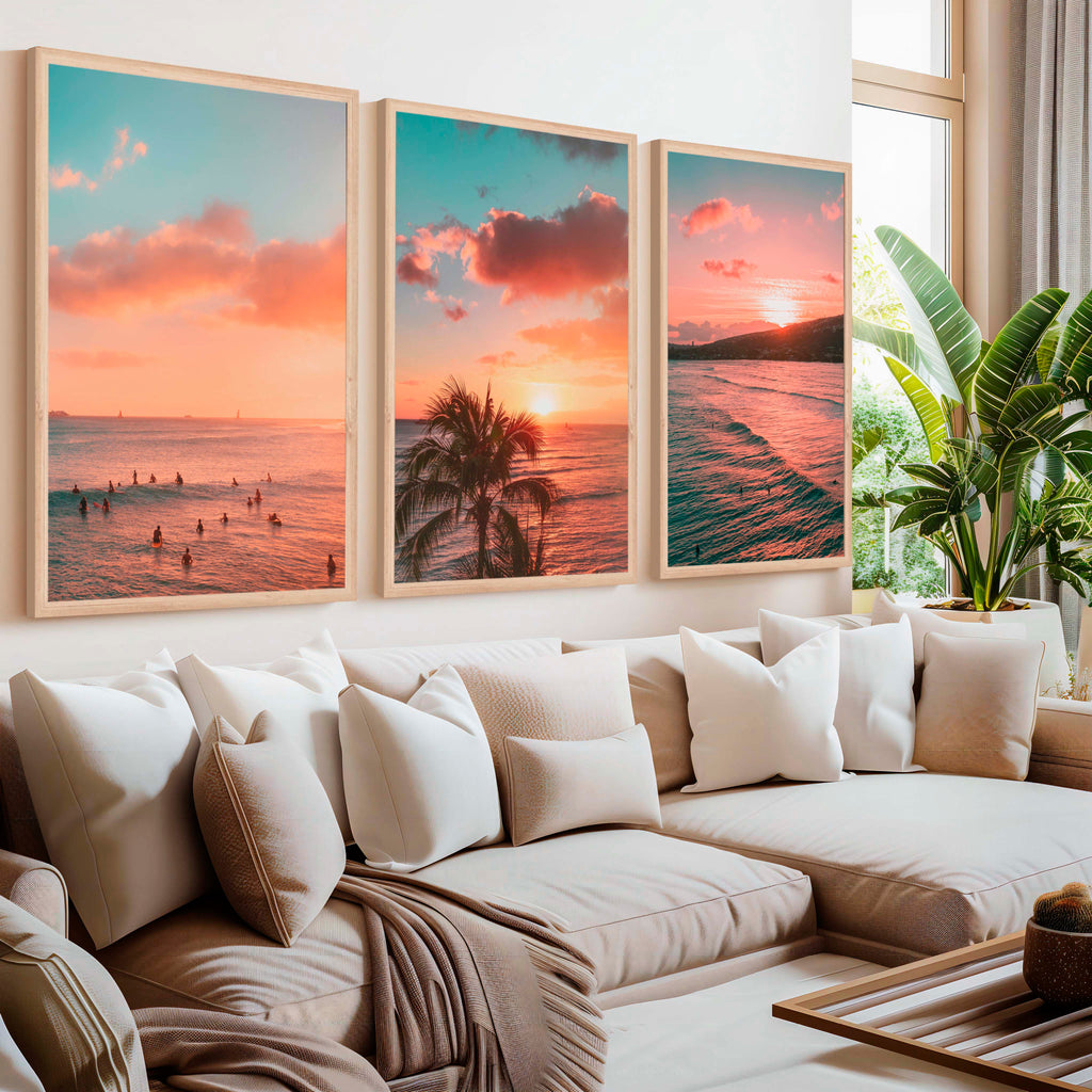 Pink Beach Wall Art – Sunset Coastal Print Set (3 Pieces)