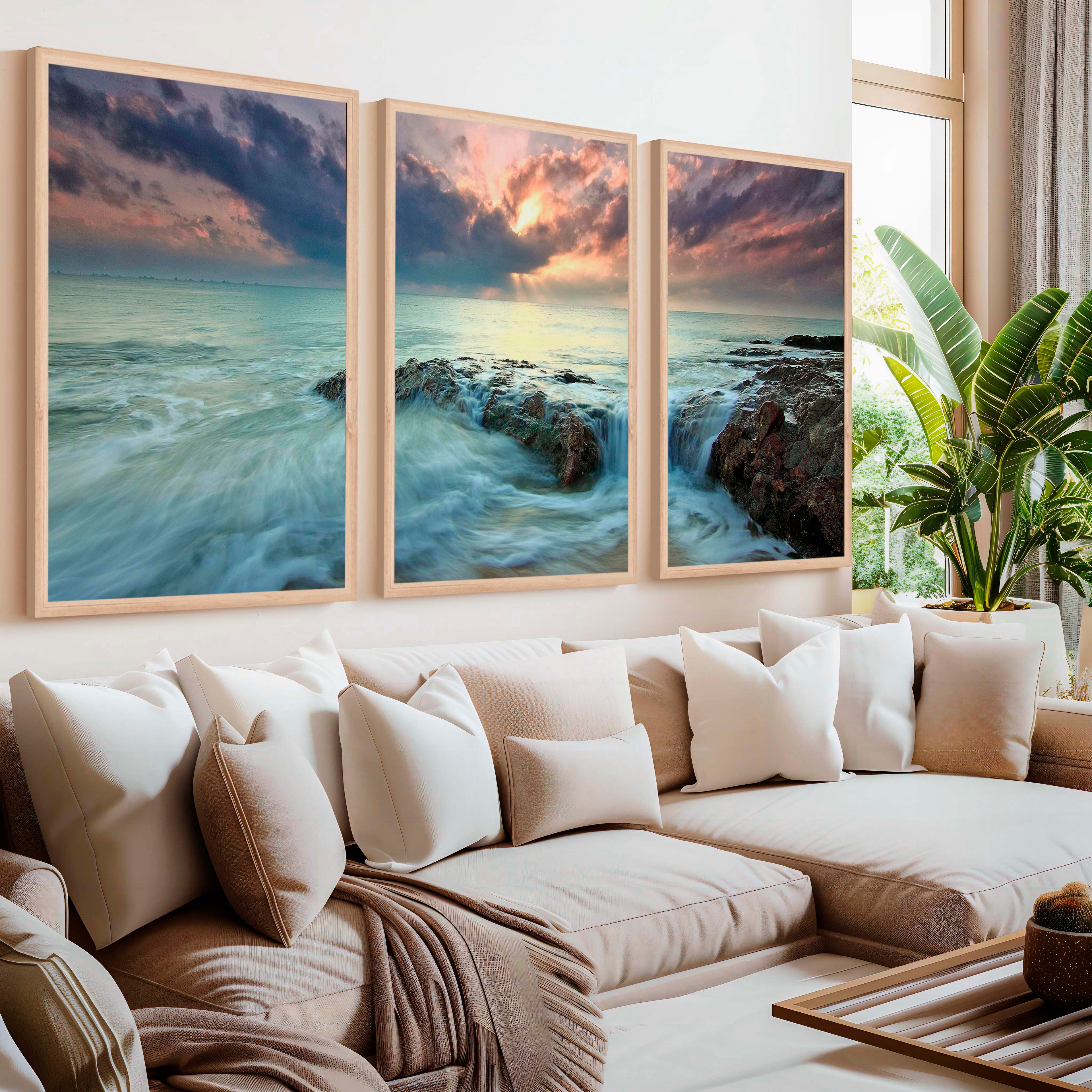 Pink Beach Wall Art – Ocean Sunset and Coastal Rocks