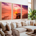 Pink Beach Wall Art – Sunset Boat and Reflected Sky Print
