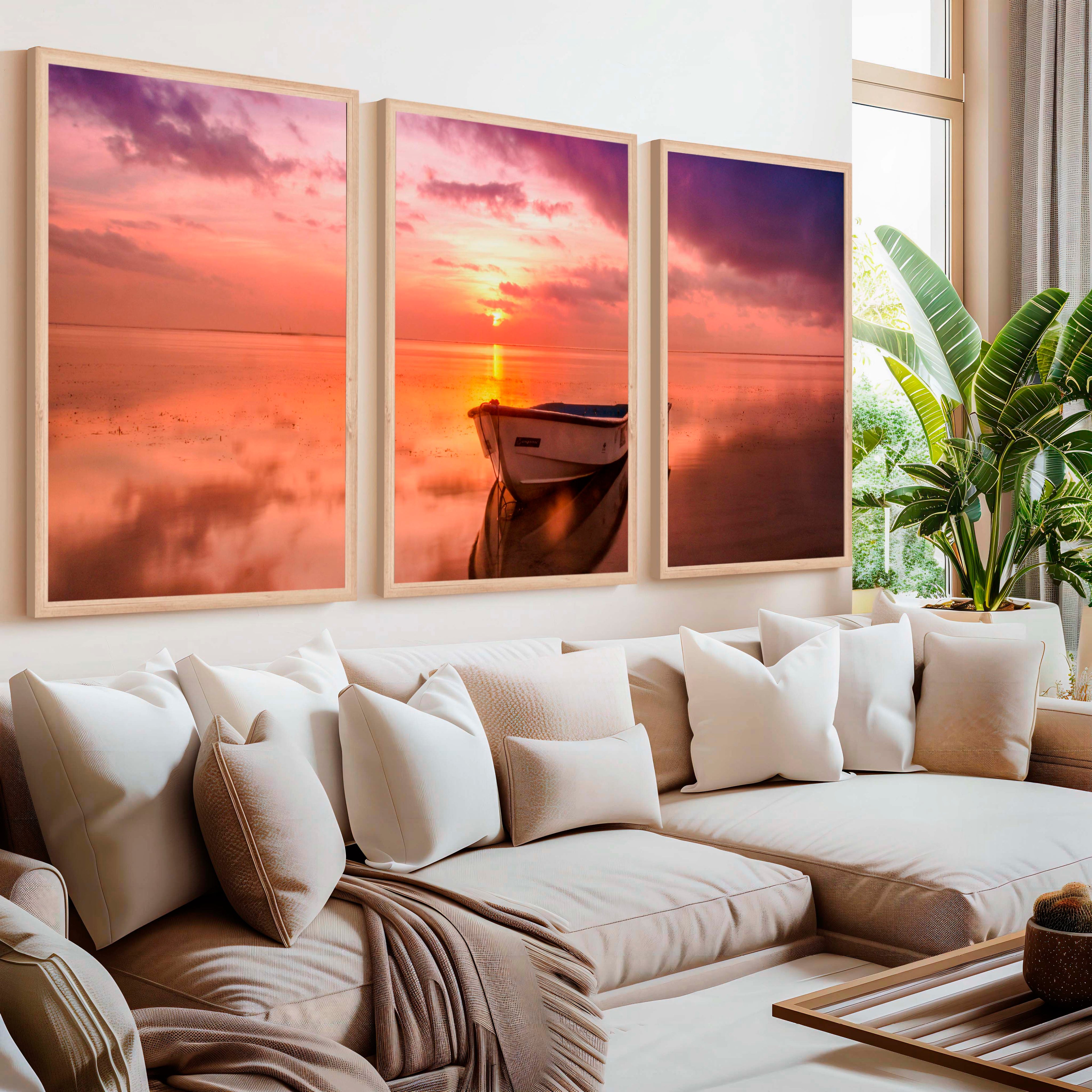 Pink Beach Wall Art – Sunset Boat and Reflected Sky Print