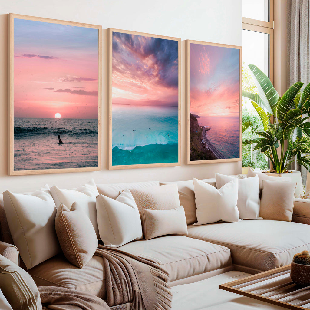 Pink Beach Wall Decor – Pastel Sunset Ocean Print Set (3 Pieces)