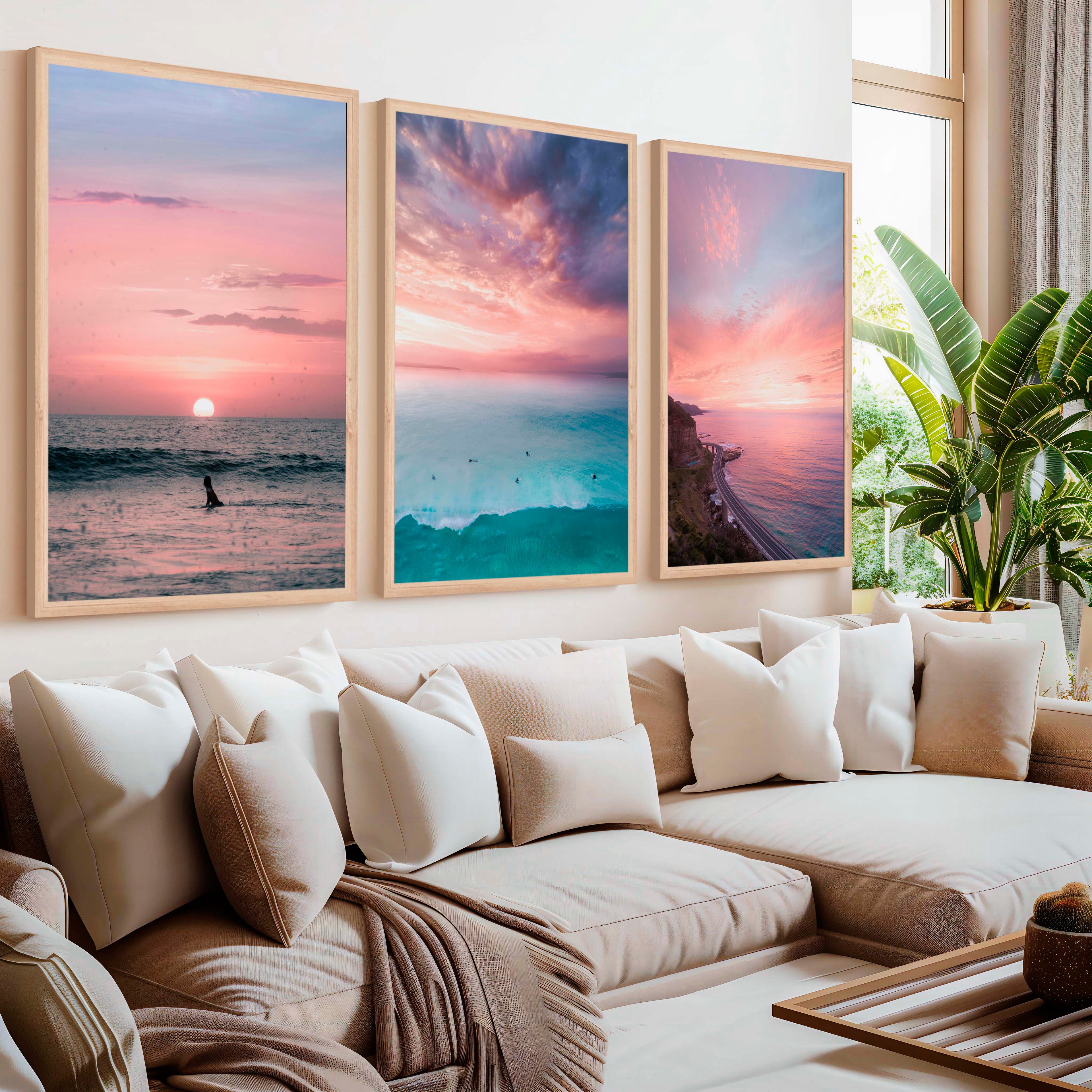 Pink Beach Wall Decor – Pastel Sunset Ocean Print Set (3 Pieces)