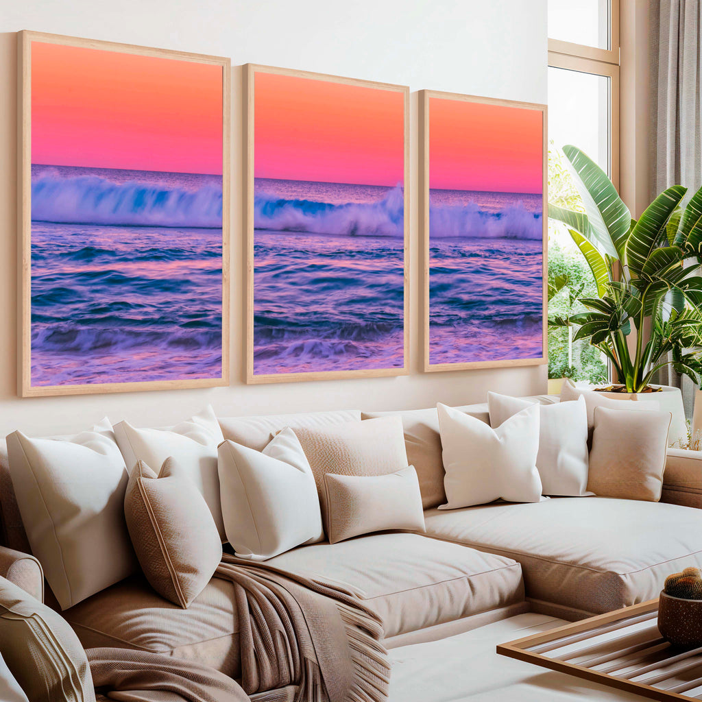 Pink Coastal Wall Art – Ocean Sunset Triptych (3 Prints)