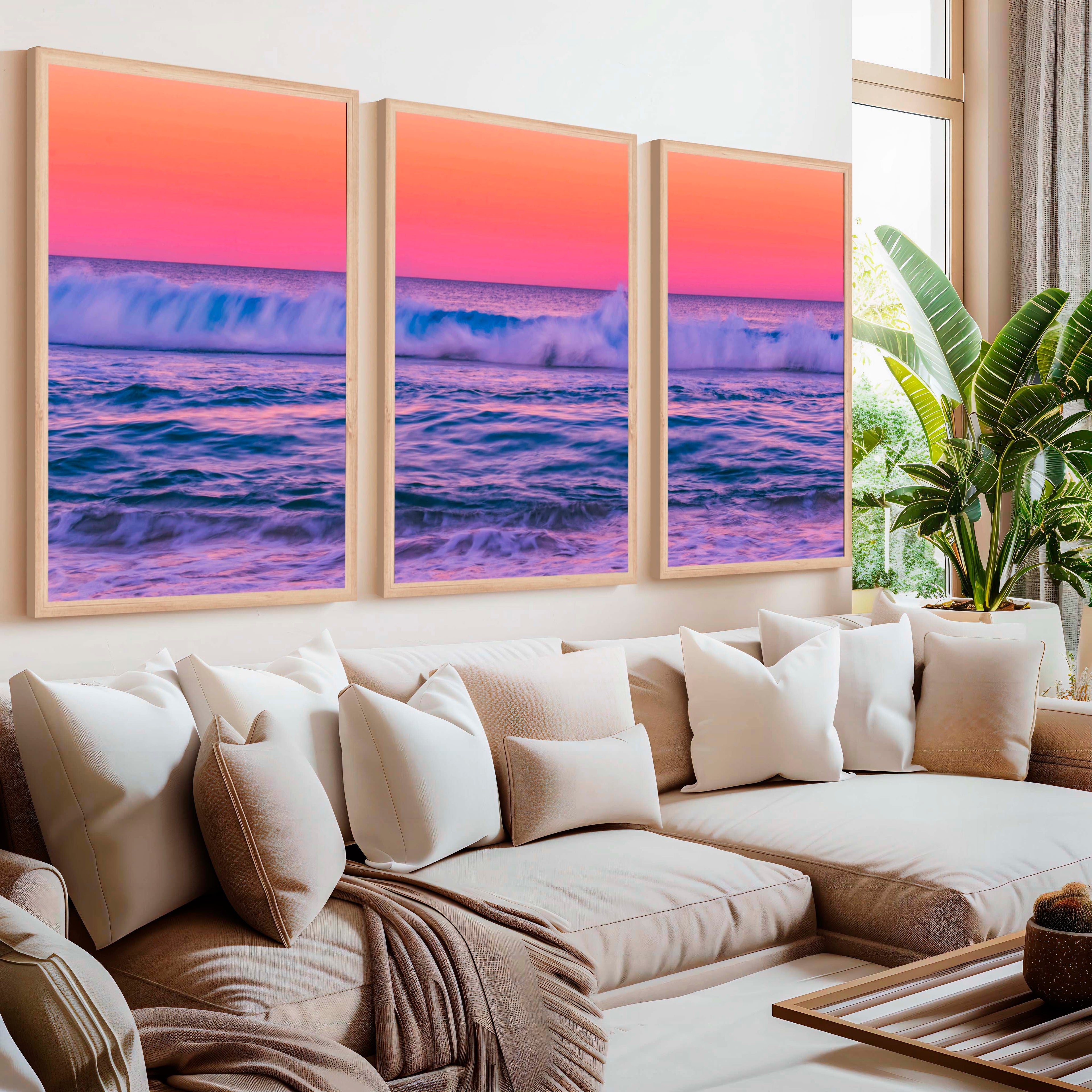 Pink Coastal Wall Art – Ocean Sunset Triptych (3 Prints)