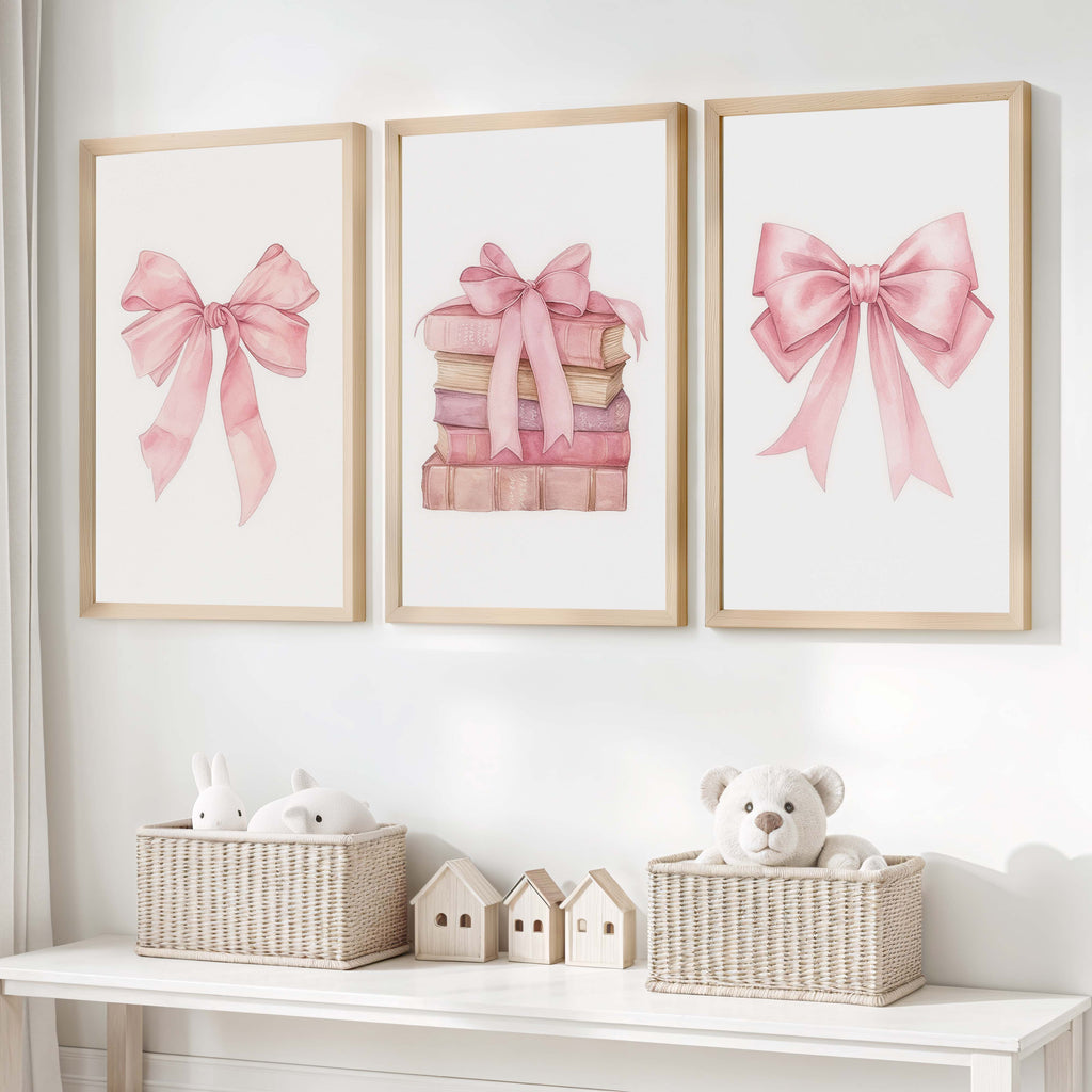 Pink Nursery Art – Bows & Books Watercolor Set (3 Prints)