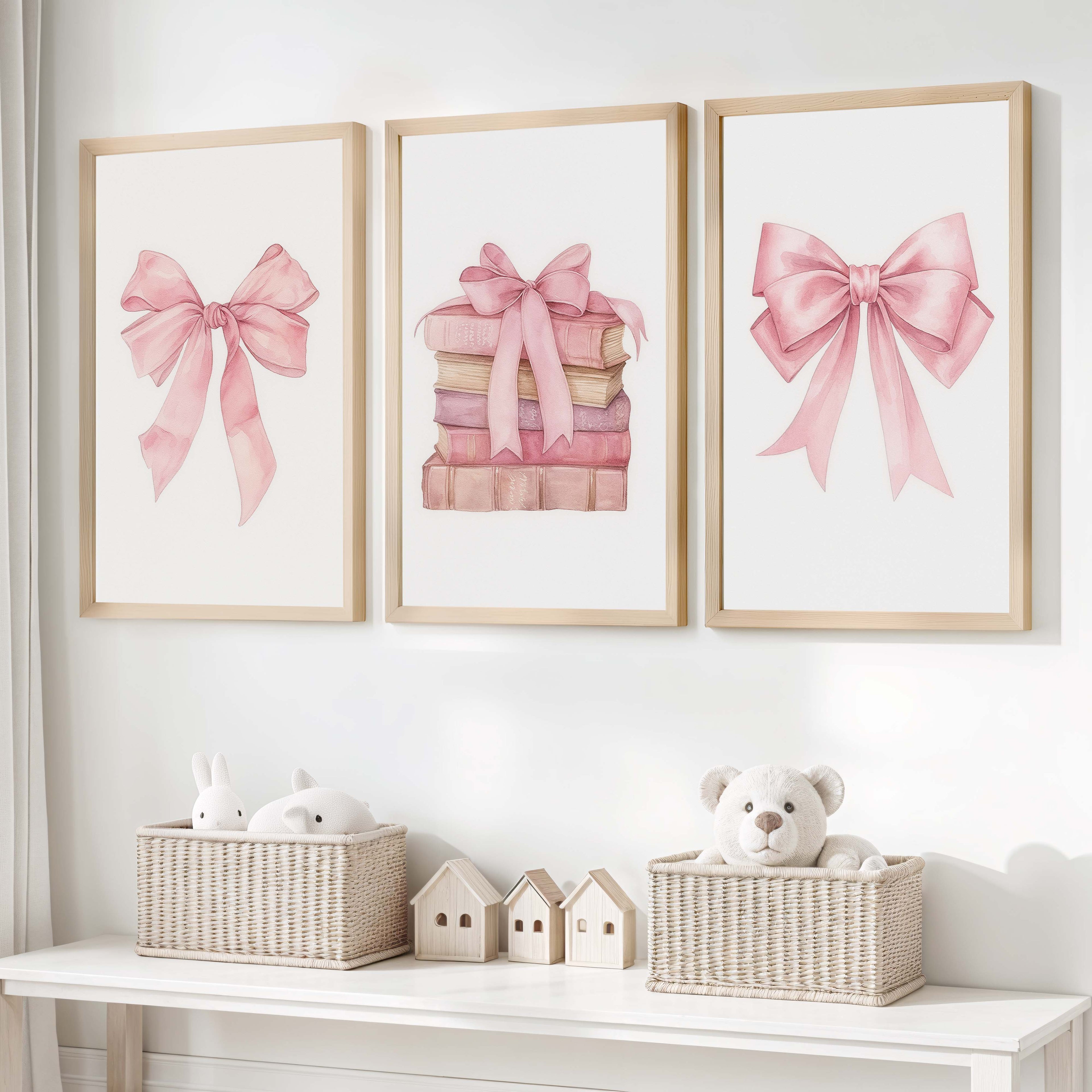 Pink Nursery Art – Bows & Books Watercolor Set (3 Prints)