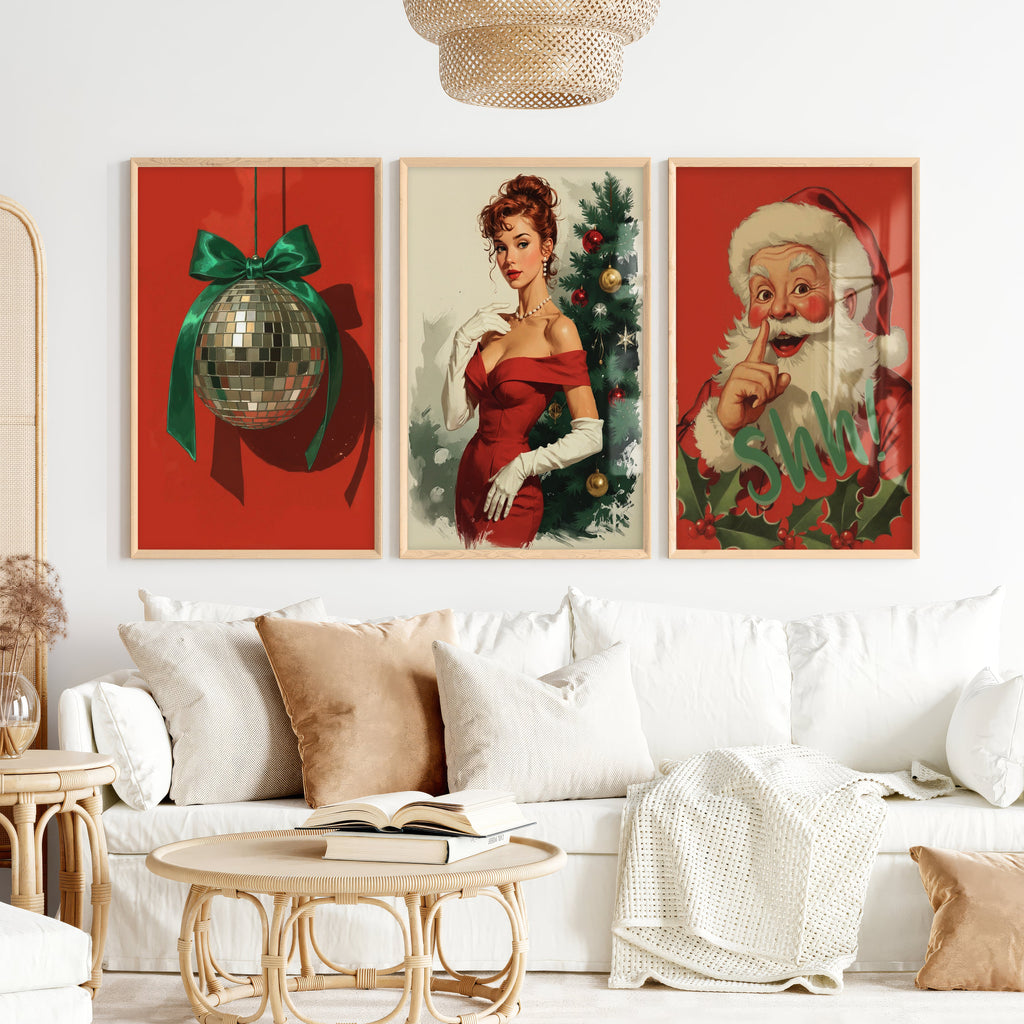 Retro Holiday Wall Art Set of 3 – Santa, Pin-Up Girl & Disco Ball