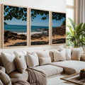 Rocky Beach Midday Shade Triptych – Tranquil Coastal Wall Art
