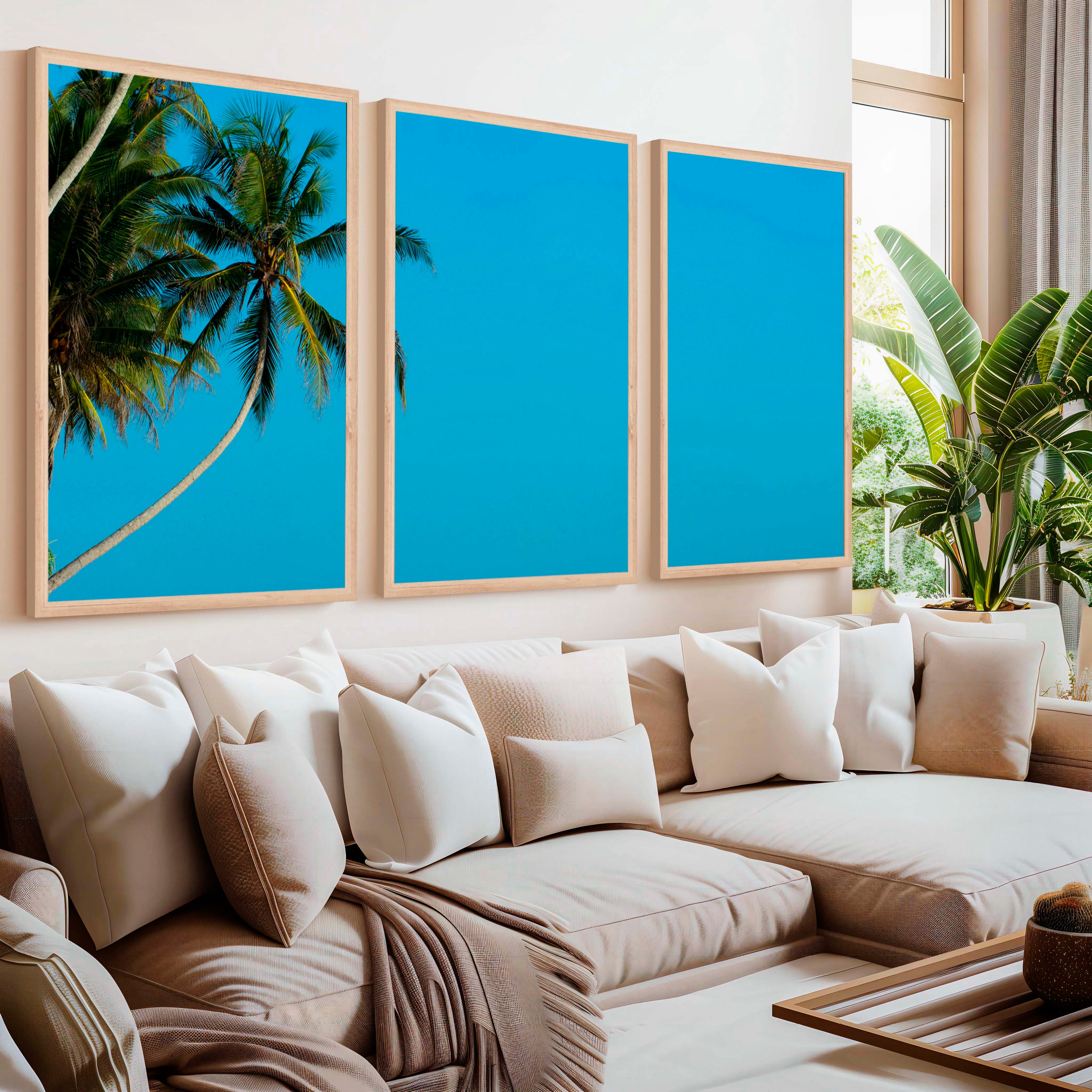 Set of 3 Wall Art – Tropical Palm Trees and Calm Blue Sea