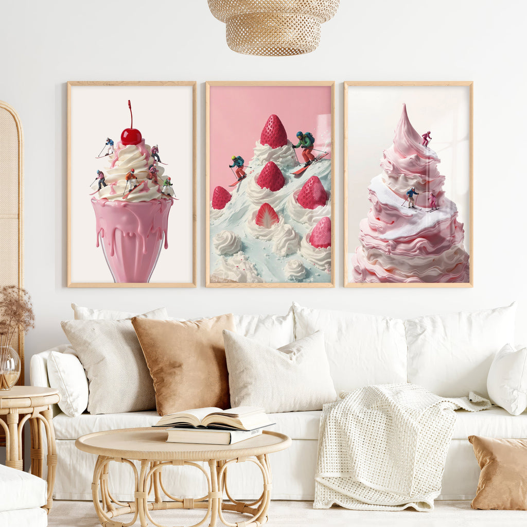 Snow Skiing Wall Art Set of 3 – Strawberry Dessert Prints