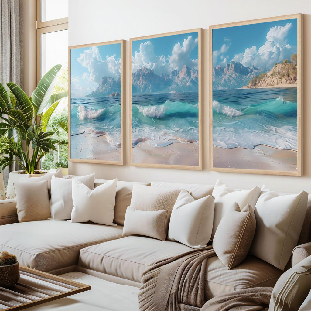 Sunny Beach Triptych with Gentle Waves and Distant Mountains