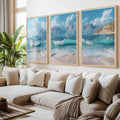 Sunny Beach Triptych with Gentle Waves and Distant Mountains
