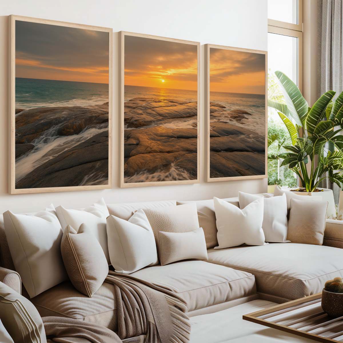 Coastal Wall Art – Sunset Ocean Waves and Rocky Shoreline