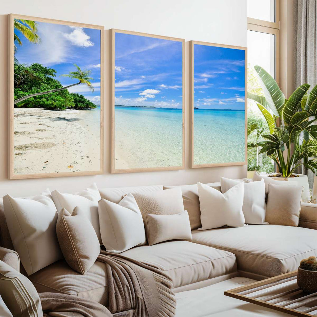 Tropical Coastal Wall Art – Clear Water and Leaning Palm