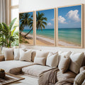 Tropical Palm Beach Triptych Wall Art – Blue Sky & Ocean View