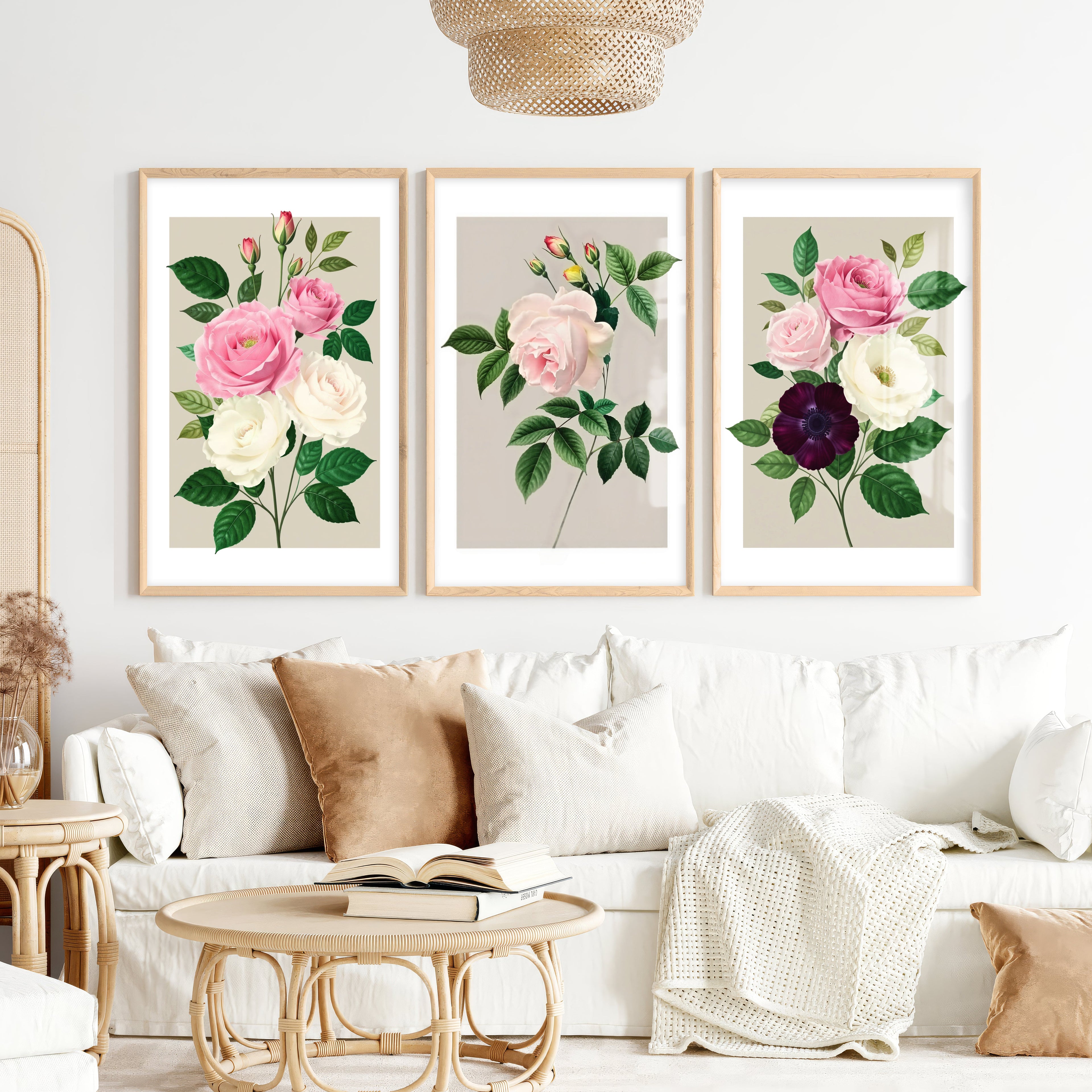 Vintage Botanical Paintings Rose Floral Art Set of 3