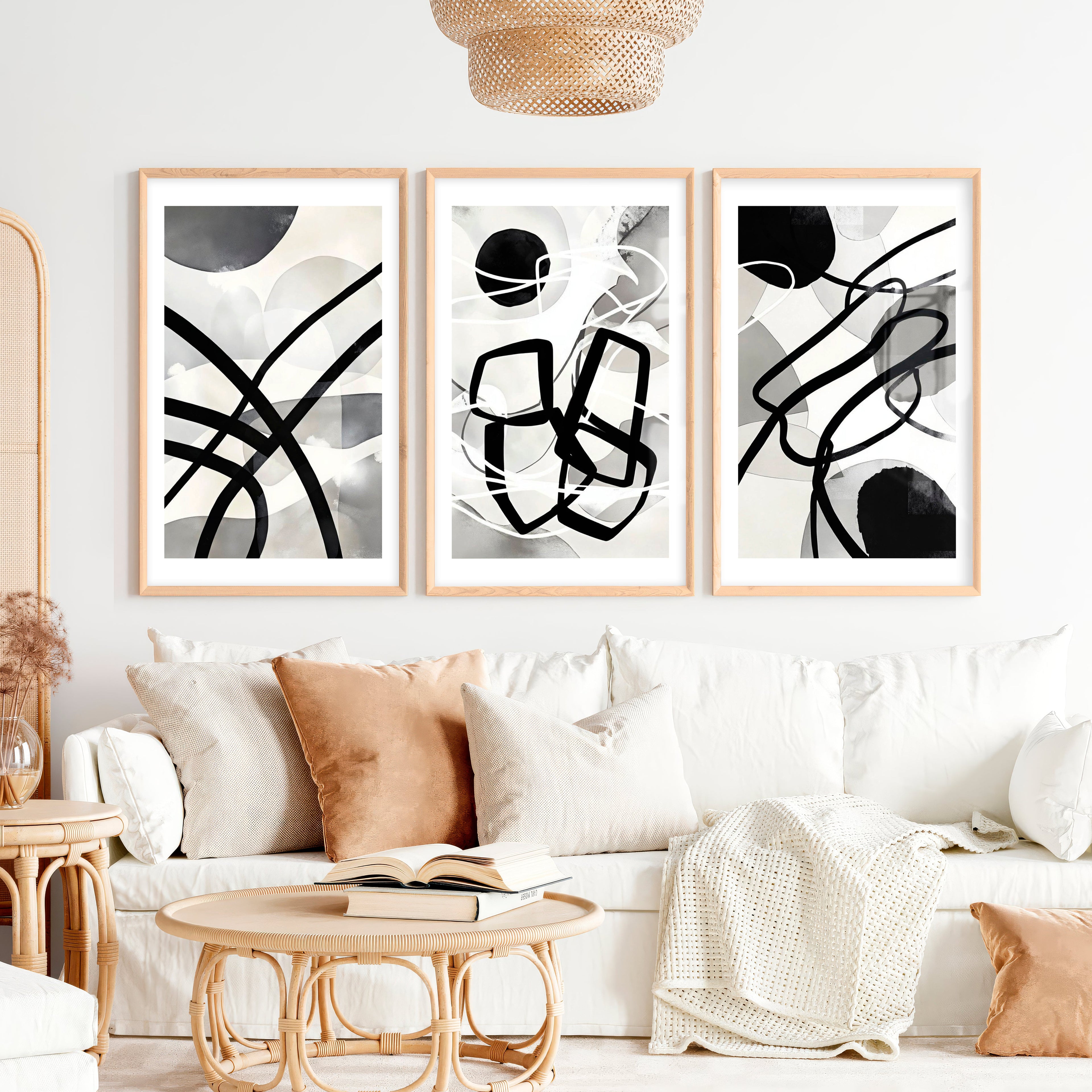 Wall Art Abstract Framed Black White Modern Set of 3