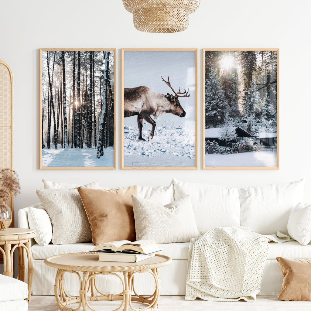 Winter Art Prints – Snowy Deer, Forest & Rustic Cabin