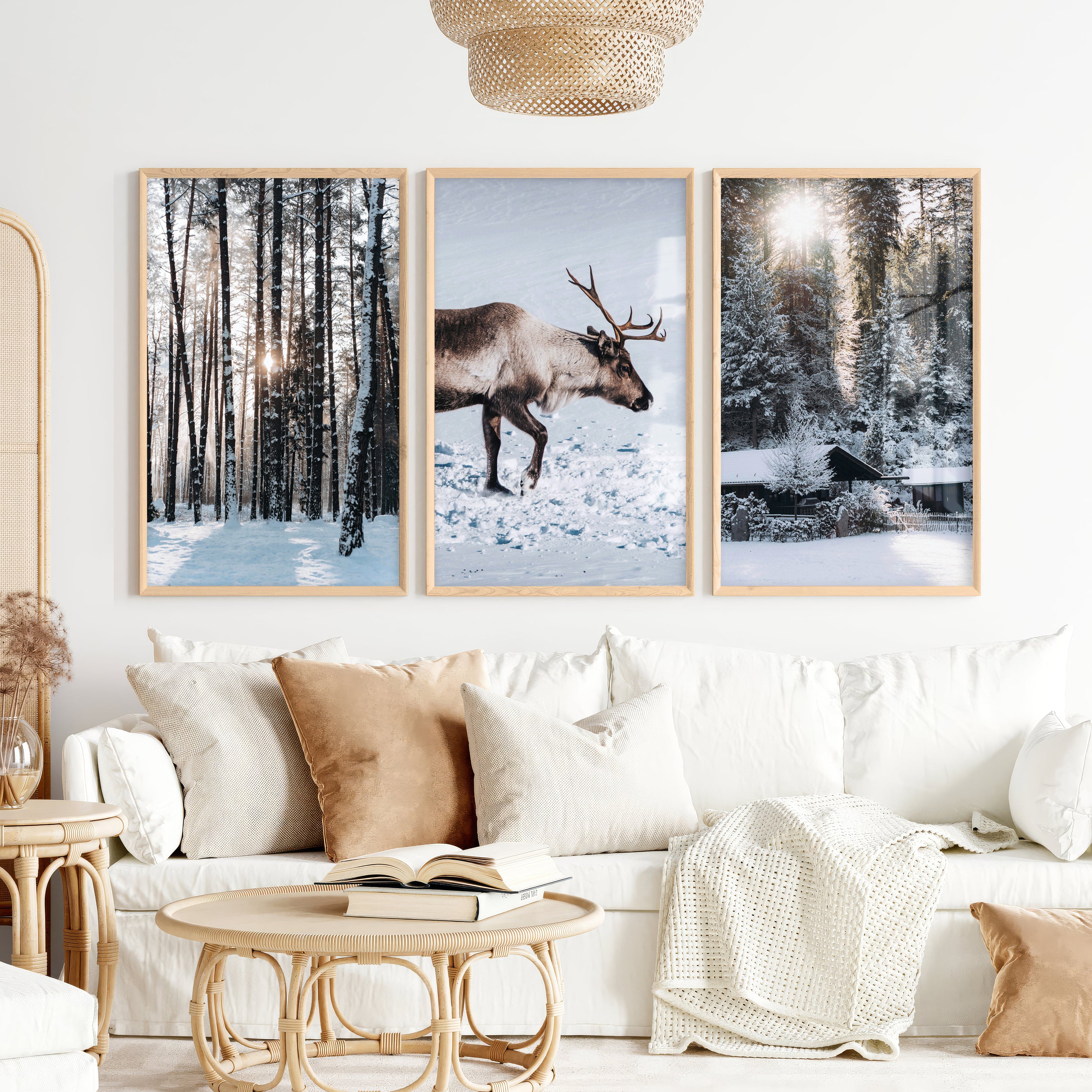 Winter Art Prints – Snowy Deer, Forest & Rustic Cabin