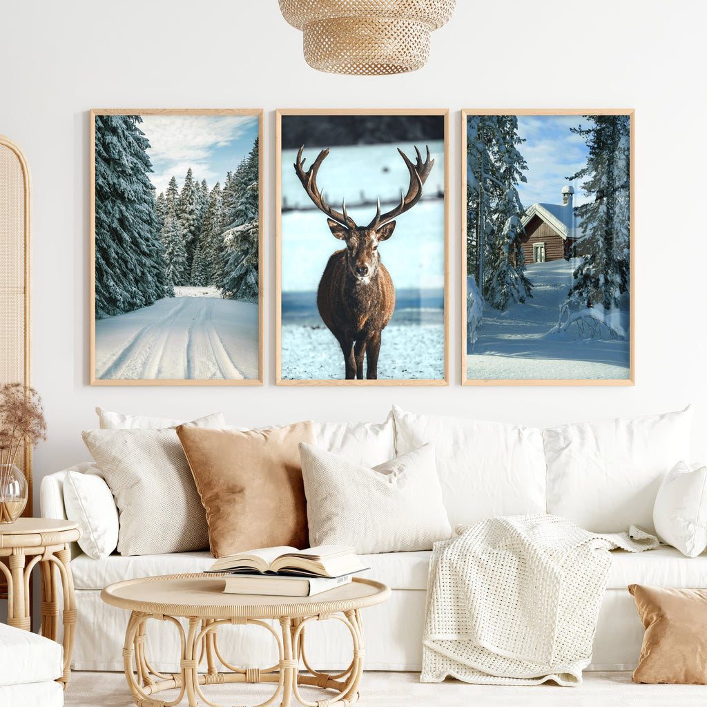 Winter Scene Wall Art – Snowy Forest, Deer & Cabin