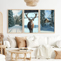 Winter Scene Wall Art – Snowy Forest, Deer & Cabin