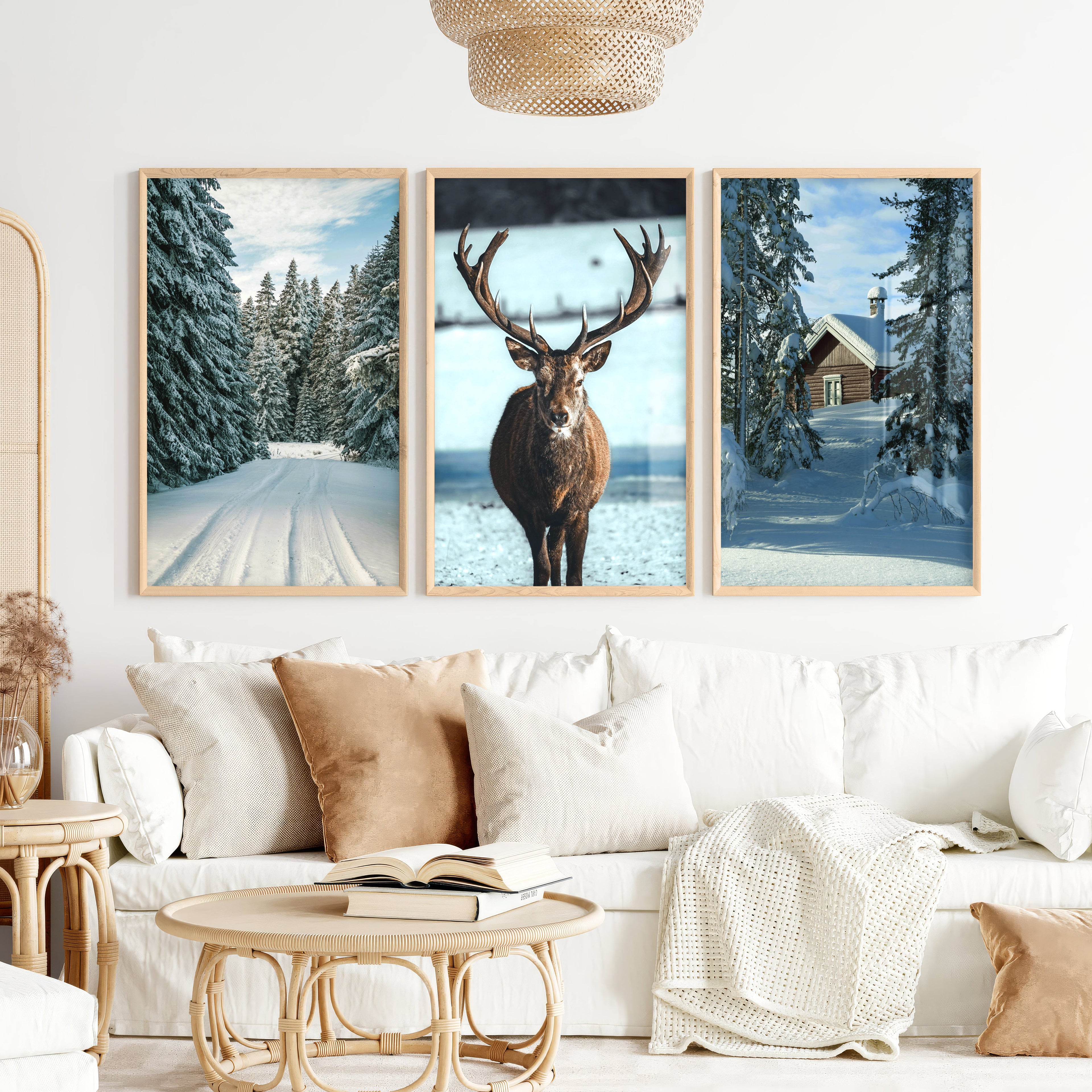 Winter Scene Wall Art – Snowy Forest, Deer & Cabin