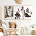 Winter Wall Art – Snowy Forest, Deer & Wooden Cabin