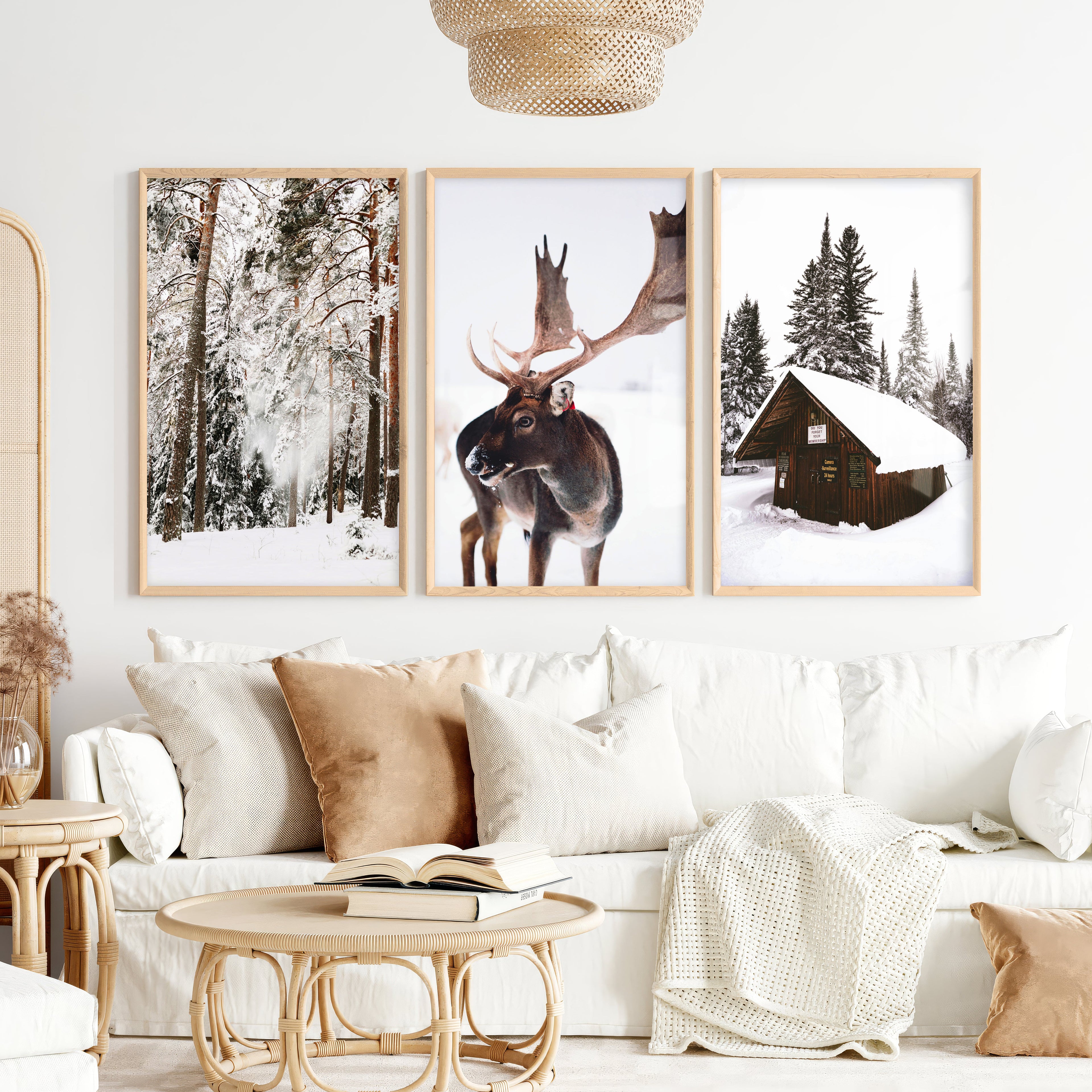 Winter Wall Art – Snowy Forest, Deer & Wooden Cabin