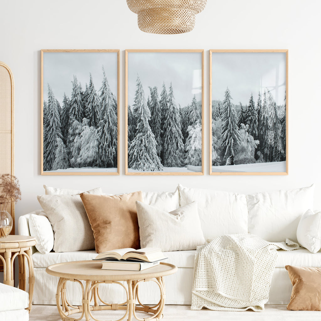 Winter Wall Art Triptych – Snowy Pine Forest Photography