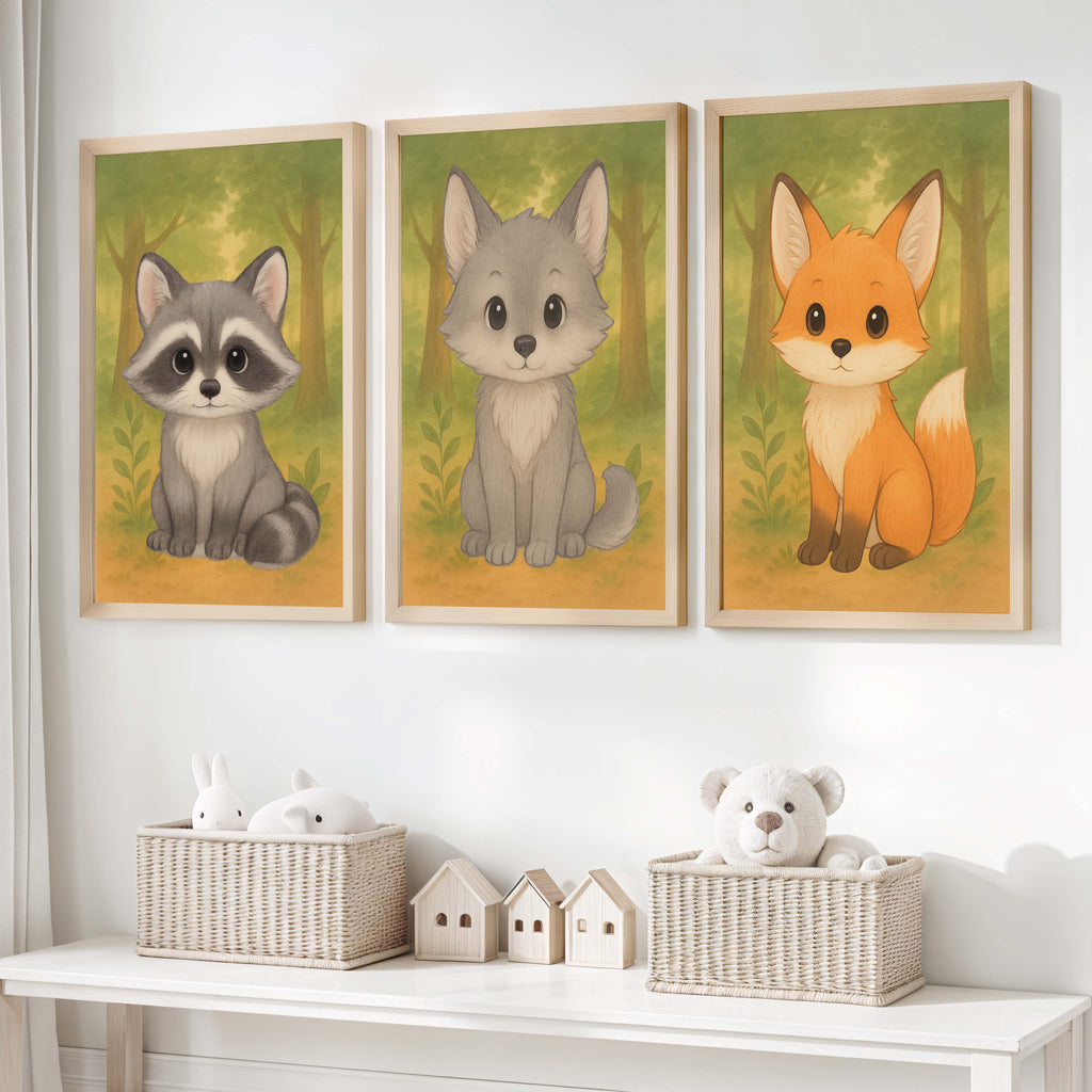 Woodland Nursery Art – Baby Fox, Wolf & Raccoon (Set of 3)
