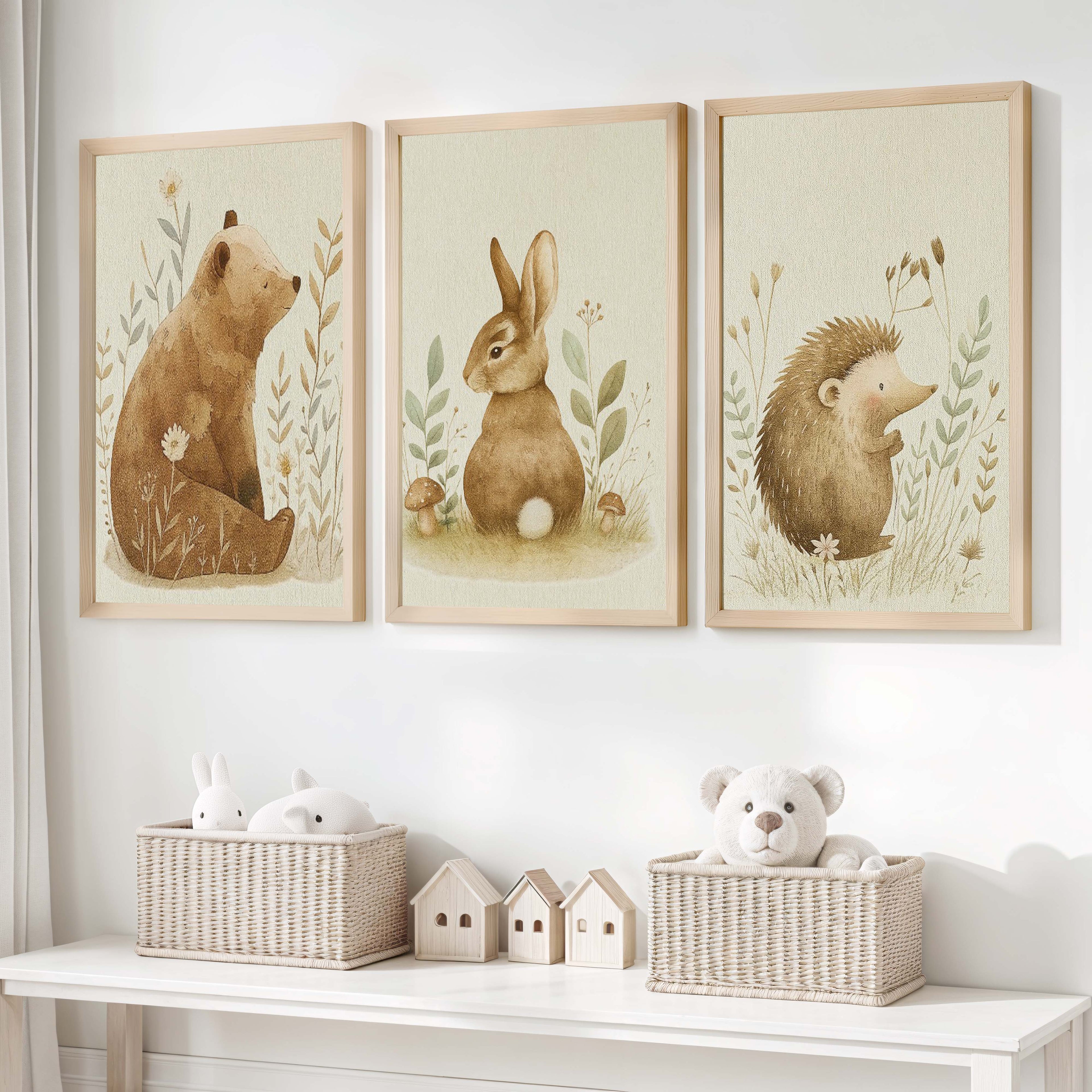 Woodland Nursery Wall Decor – Bear, Bunny & Hedgehog Set